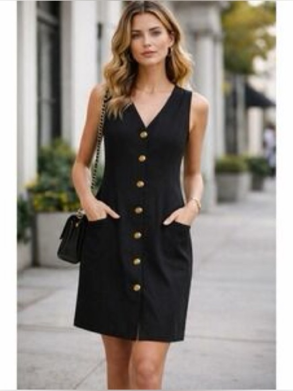 Rachel Zoe Black Sleeveless Linen Blend Dress with Gold Buttons